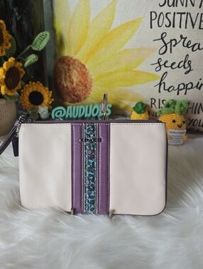 Coach Beige and Purple Leather XL Wristlet with Floral Stripe And Hangtag